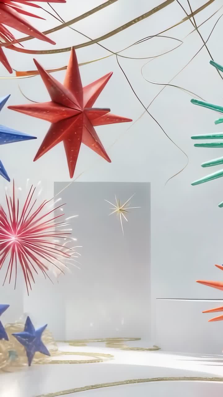 Vertical video: Spark glowing within panel and spiky star ornaments shifting on white stage