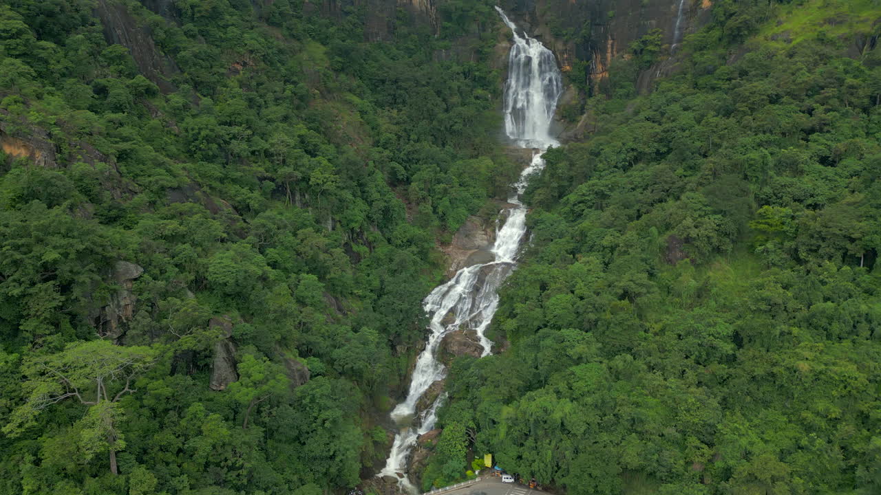 Establishing Aerial Drone Shot of Ravana Falls in Ella Sri Lanka