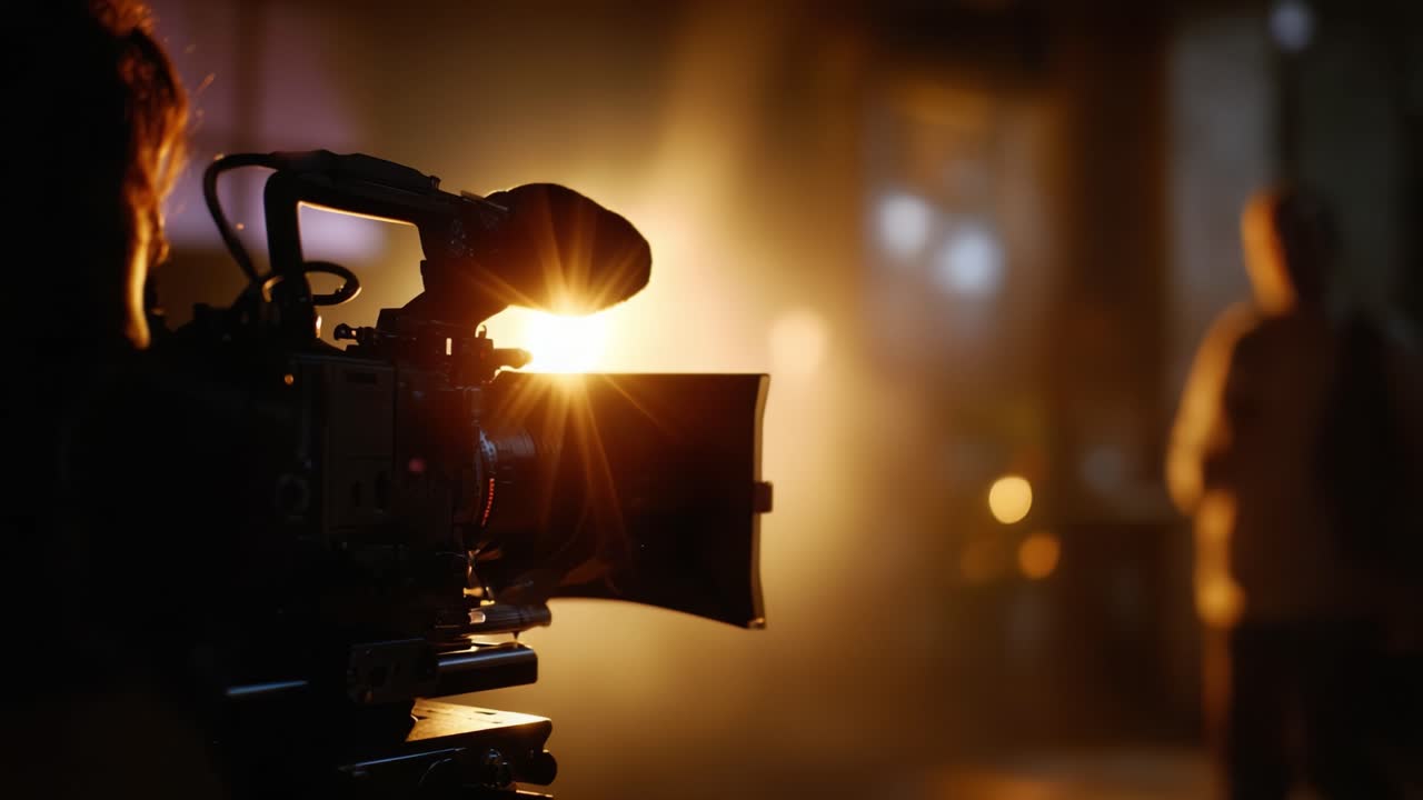 Configurazione illuminata della camera che cattura un momento: il riverbero della luce su uno sfondo cinematografico mette in evidenza l'arte della realizzazione di film e dello storytelling