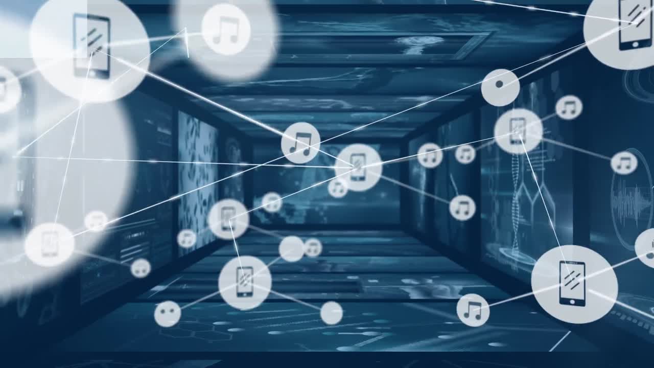 animación de una red de iconos digitales contra pantallas con procesamiento de datos médicos