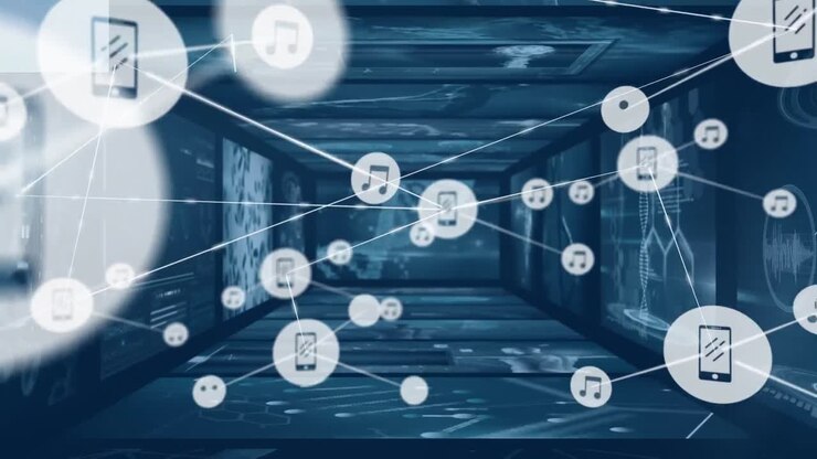Animation of network of digital icons against screens with medical data processing