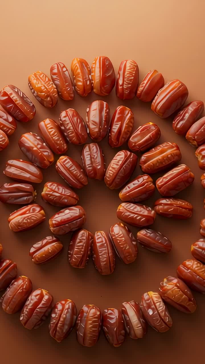 Vertical video: Camera zooming in revealing glossy brown dates in spiral rings in top-down flat-lay