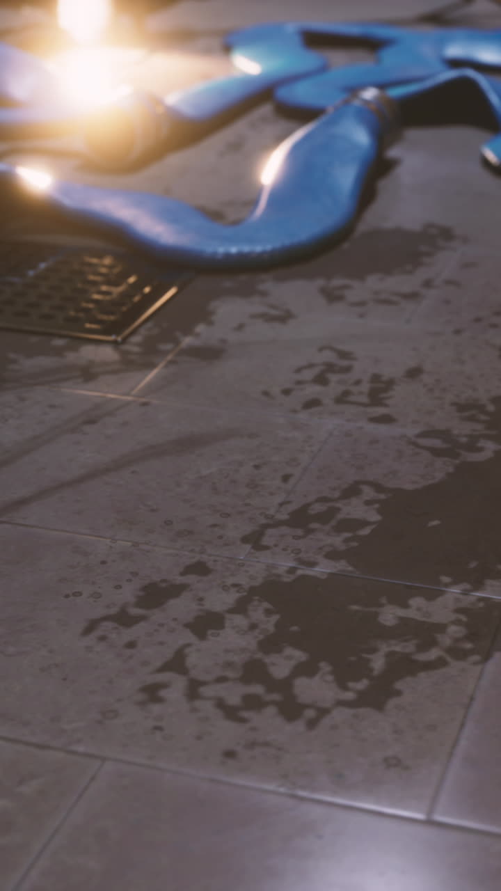 limpieza de daños por agua: suelo mojado con manguera azul