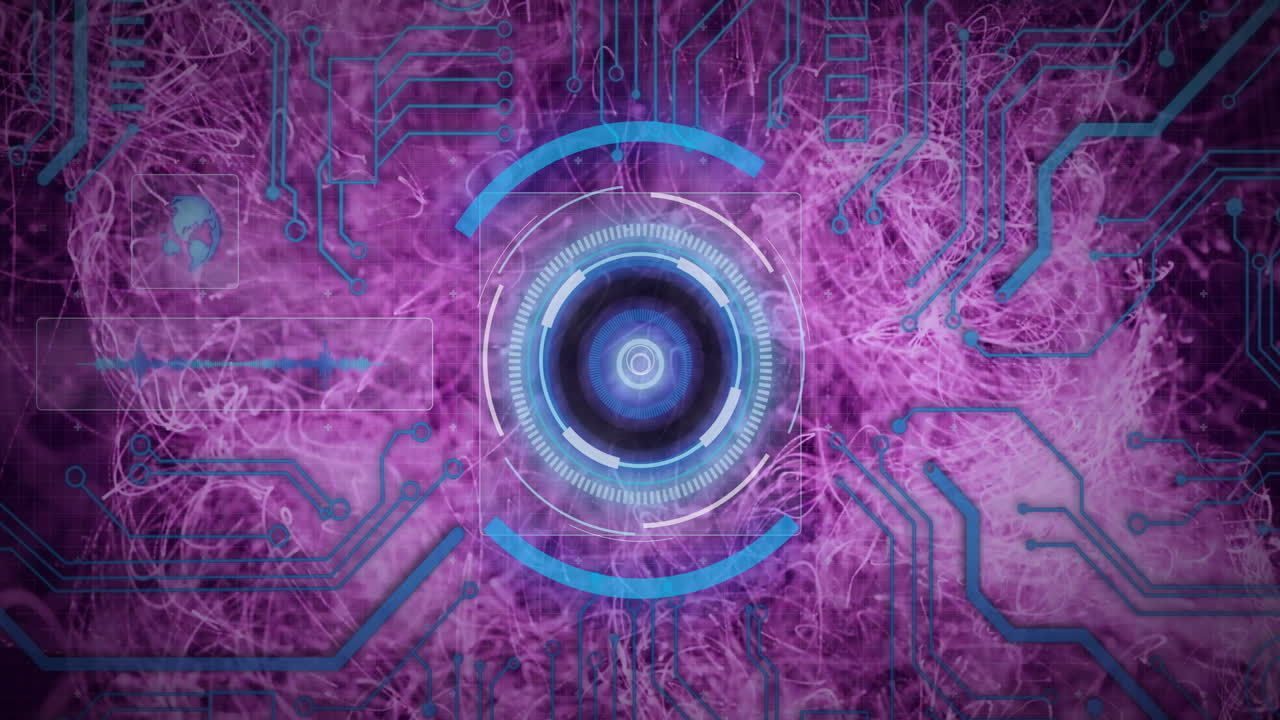 Animation of digital eye with circuits on abstract purple background