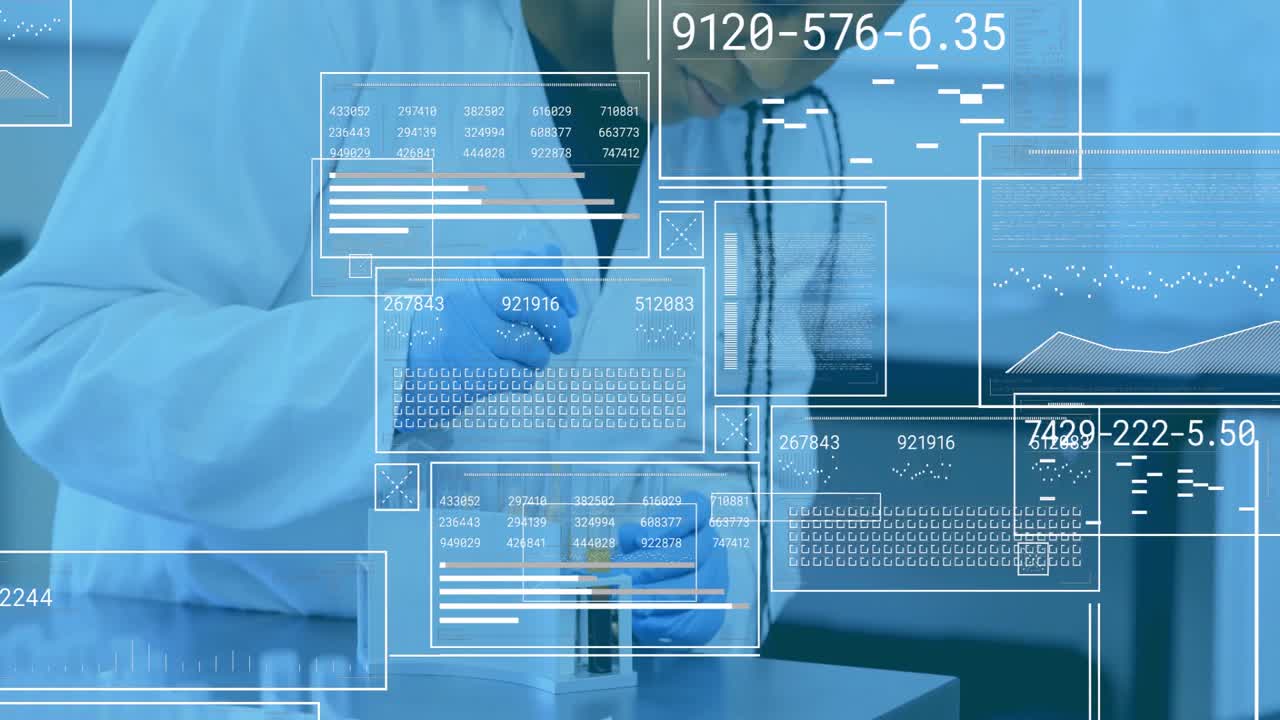 Female scientist lifting vial and activating laboratory data panels, drawing sample for analysis