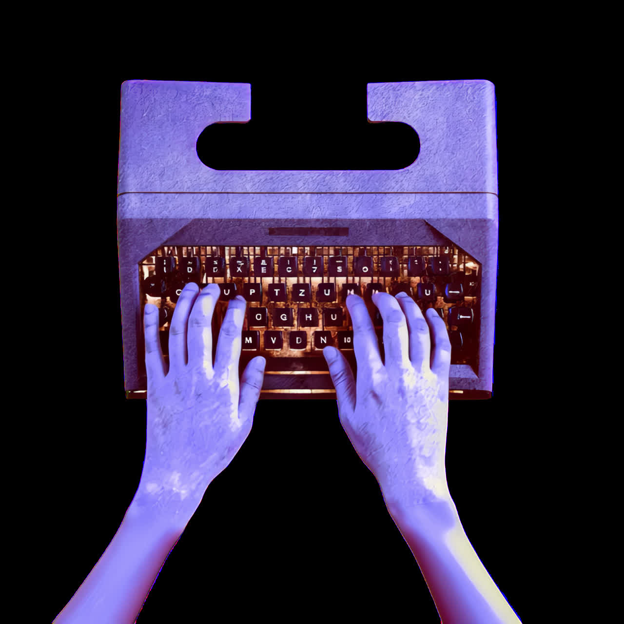 Retro typewriter with vibrant colors animation isolated asset, transparent 4K video, alpha channel