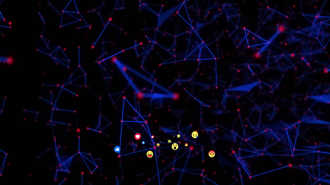 Multiple face emojis moving and network of connections against black background