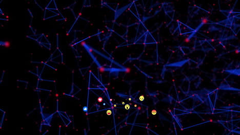 multiple face emojis moving and network of connections against black background