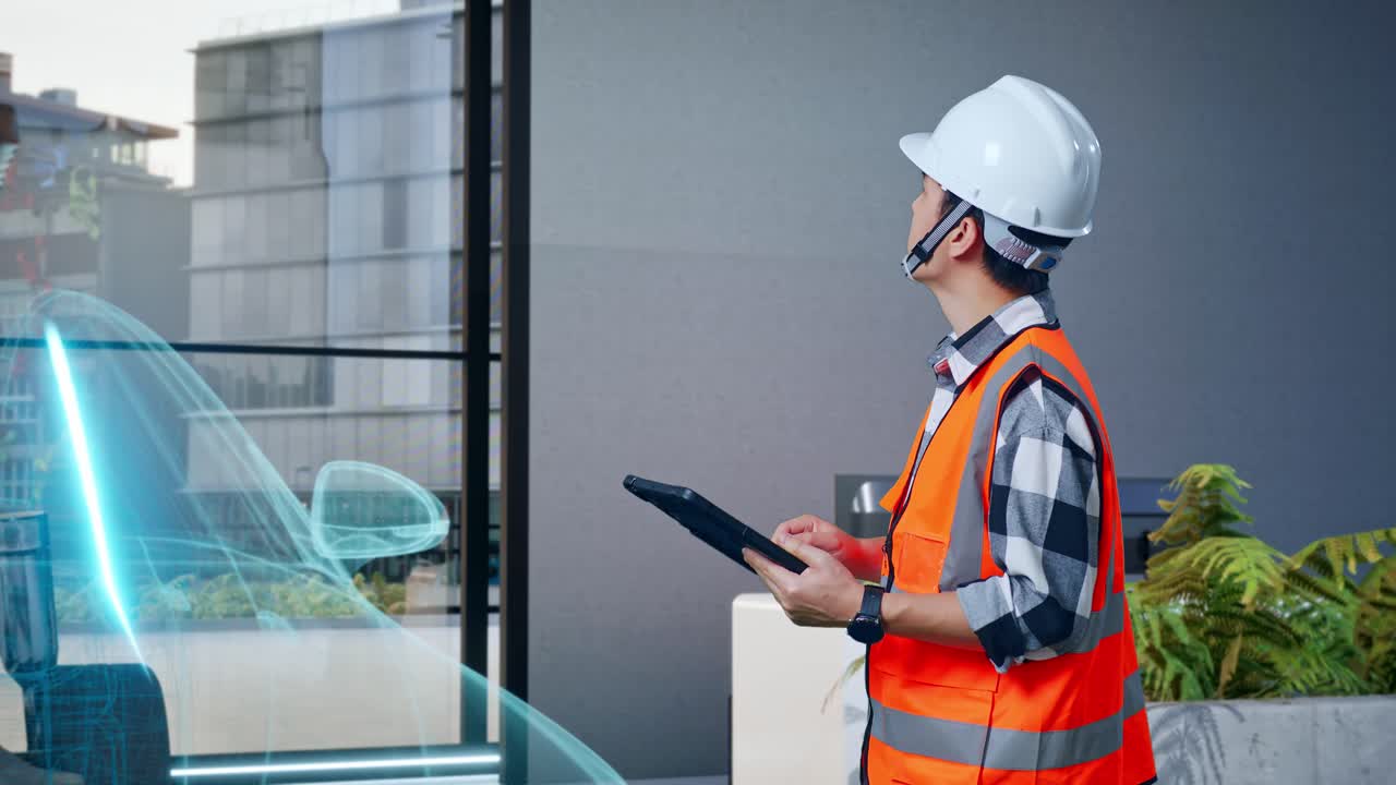 vista lateral de un ingeniero masculino asiático con casco de seguridad mirando la tableta en su mano y mirando a su alrededor mientras está de pie con el concepto de vehículo eléctrico, instalación industrial de alta tecnología