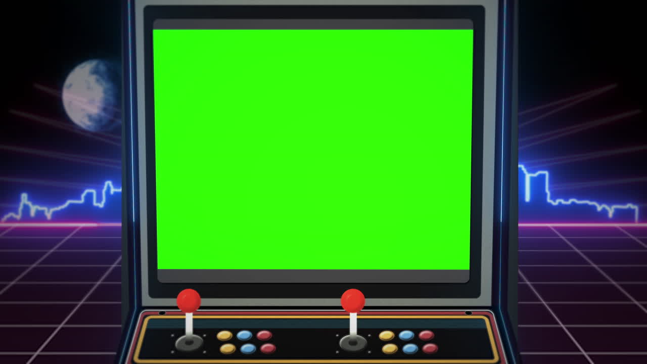 máquina arcade retro con pantalla verde y horizonte de la ciudad brillante en el fondo - bucle sin interrupciones