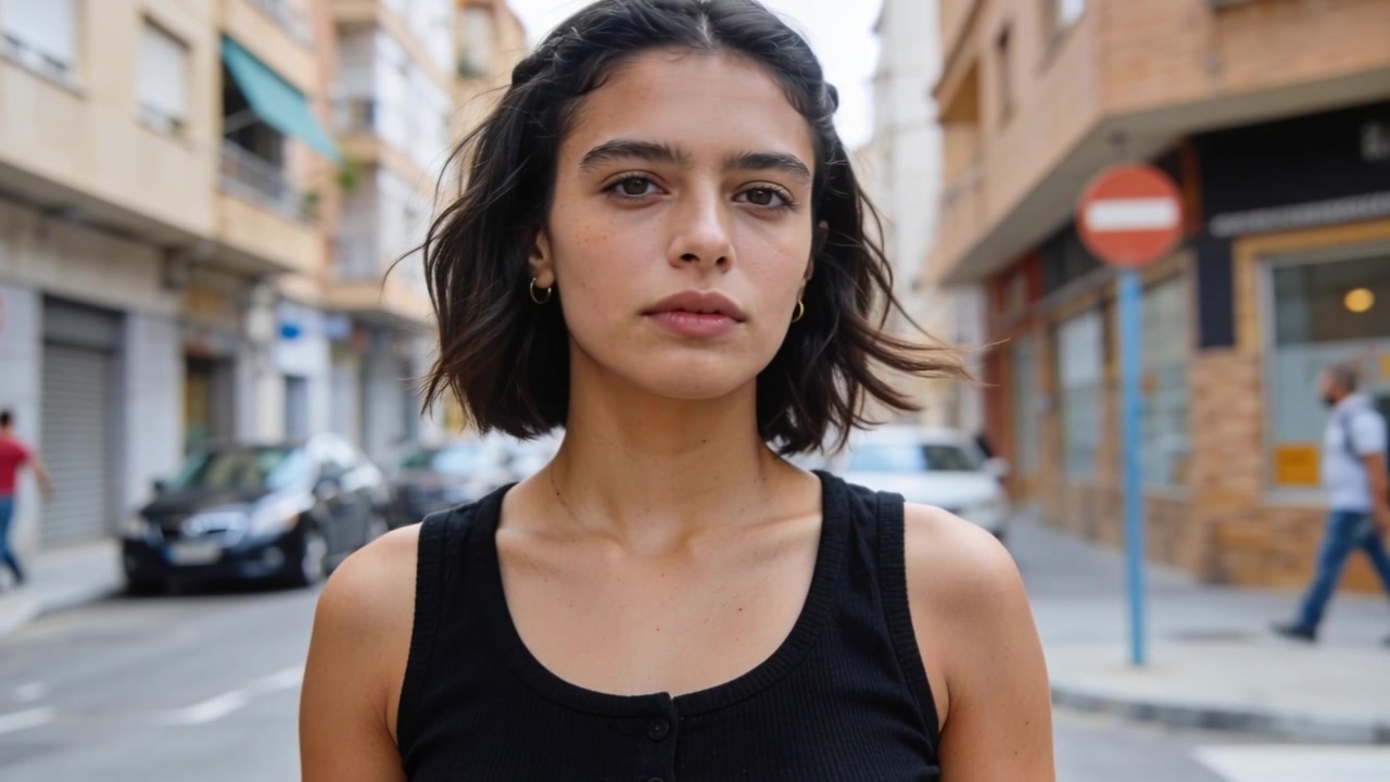 Reagendo alla brezza, una donna con un top nero gira a destra su una strada cittadina, concentrandosi su un piccolo oggetto.