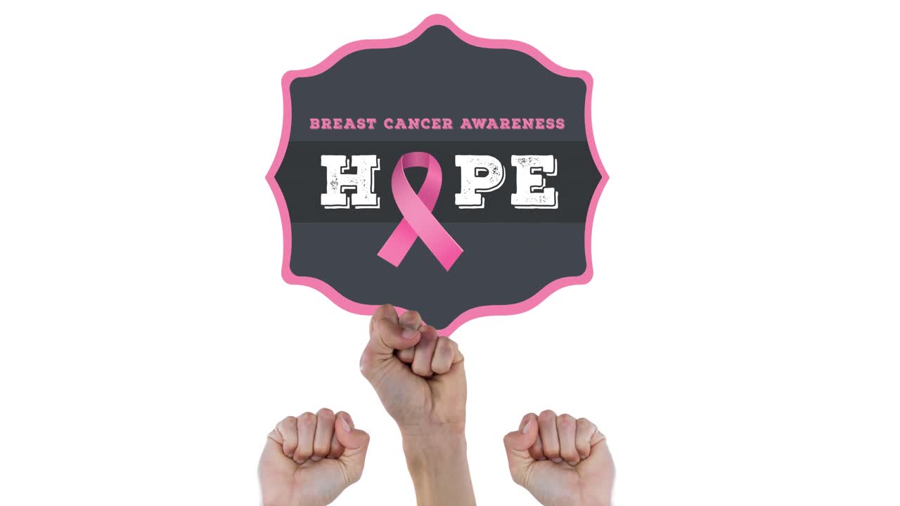 анимация логотипа розовой ленты с текстом рака молочной железы над поднятыми кулаками