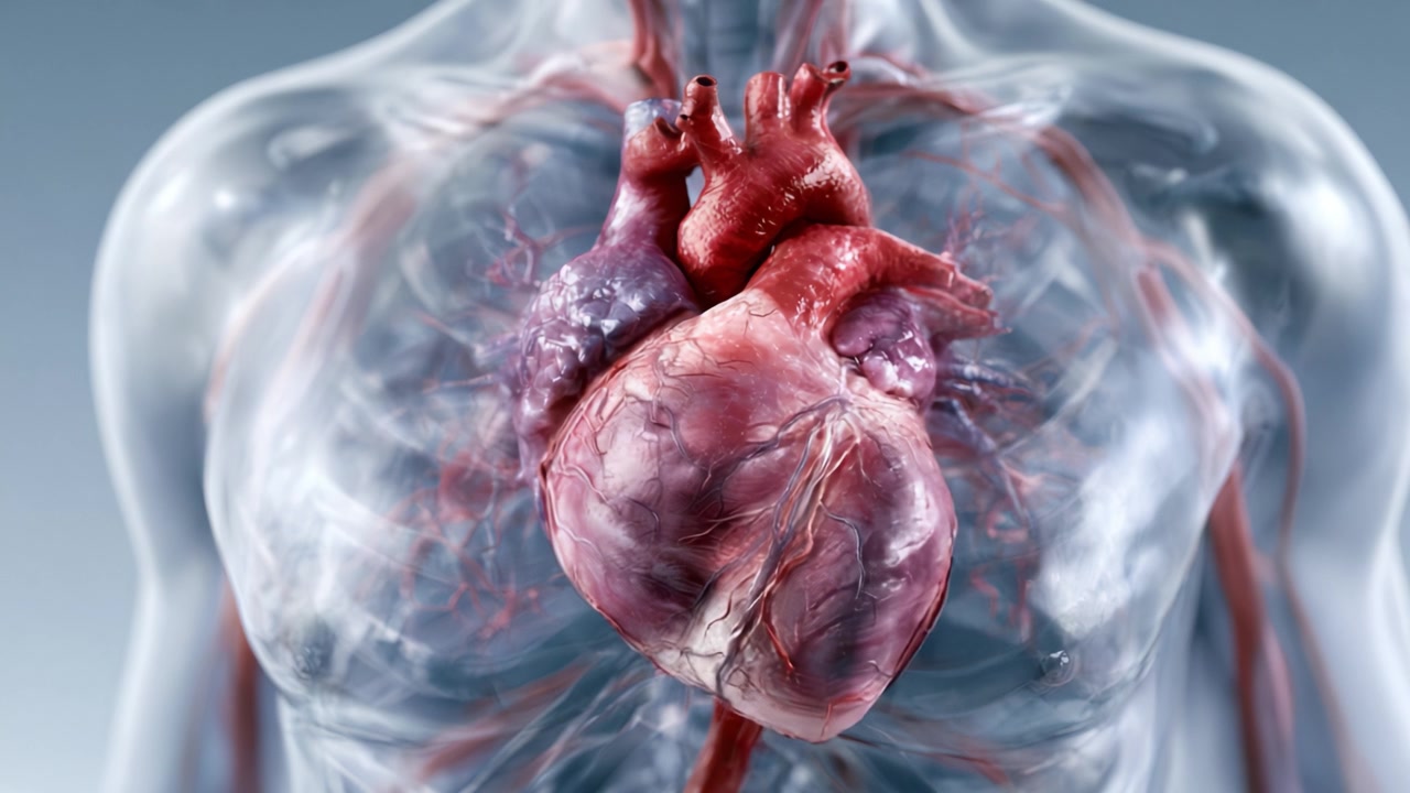 Una vista dettagliata di un cuore umano che mostra arterie e vasi, evidenziando la complessa anatomia e struttura essenziale per la circolazione e le funzioni vitali.