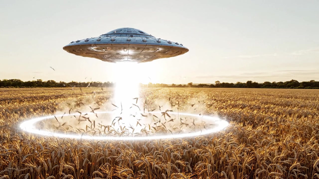 En mystisk UFO svever over en gyllen hveteåker ved solnedgang, utstråler lys og mystikk i et fredelig landlig miljø