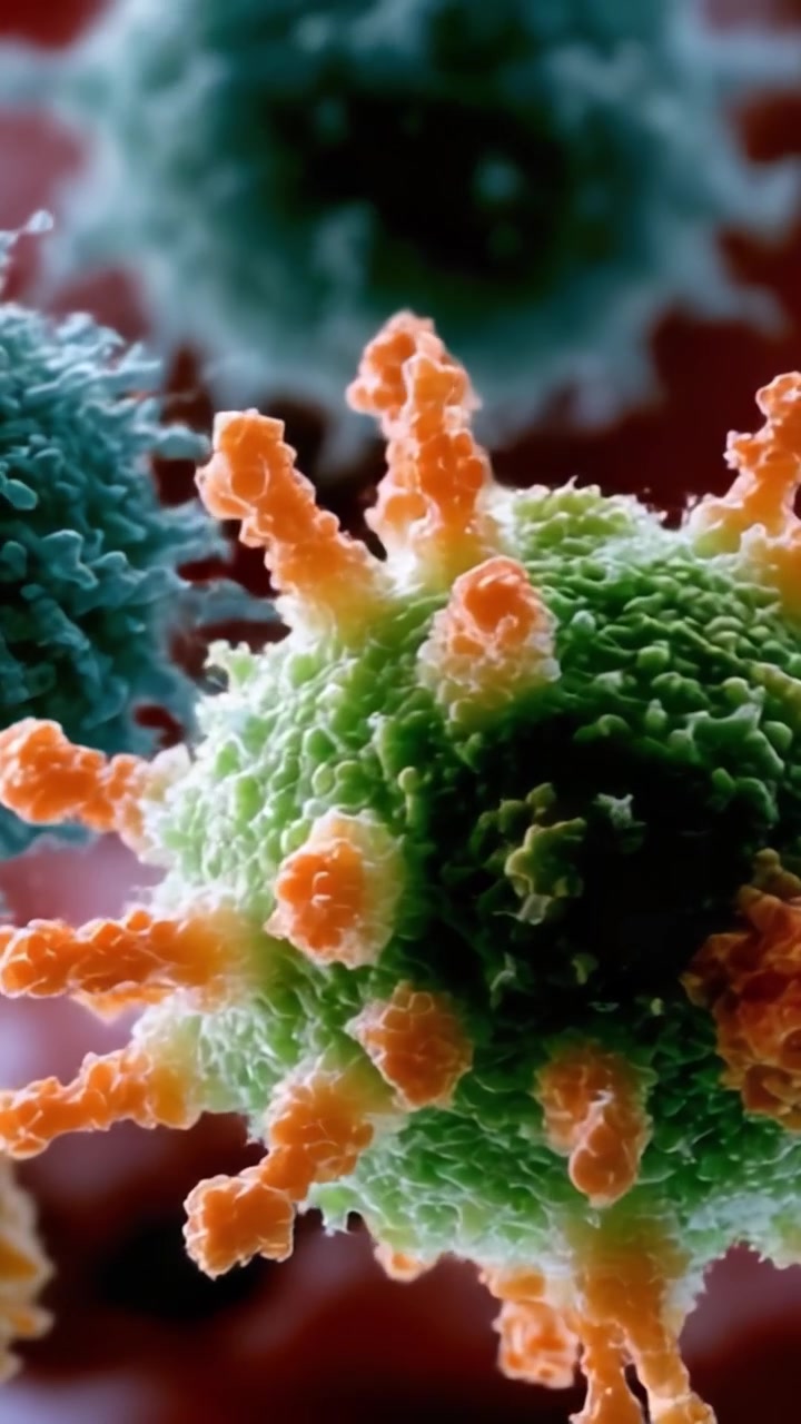 Close-Up Visualization of a Virus Structure Portraying Intricate Details of Spikes, Surface Texture, and Vibrant Colors Under High Resolution Microscope Imagery