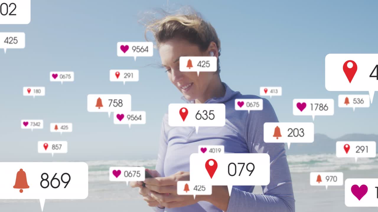Animation of social media data processing over caucasian woman with smartphone on beach