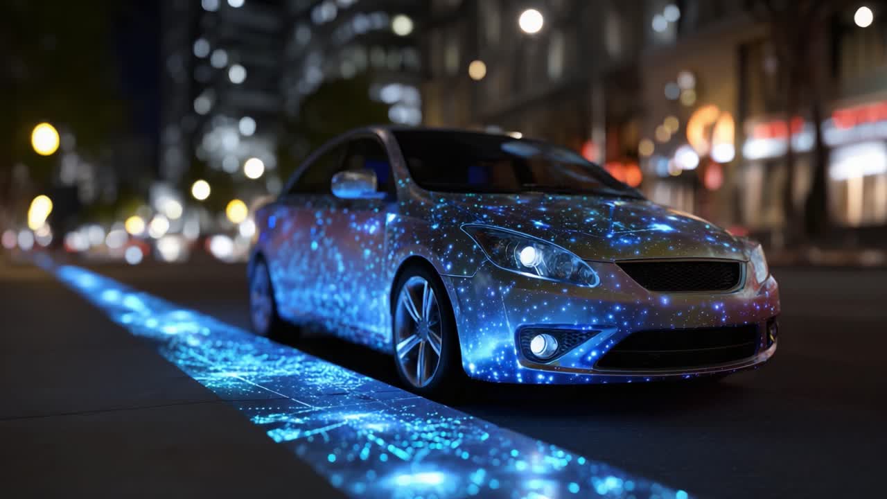 Una trasformazione incredibile di un'auto con modelli cosmici e colori vivaci che illuminano una strada cittadina di notte, catturando una magica atmosfera urbana