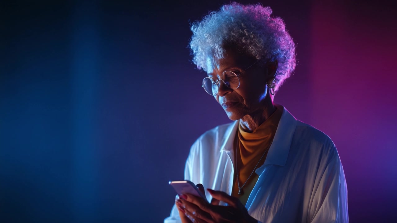 An elderly woman with curly hair and glasses, engaged with her smartphone in a colorful, atmospheric setting that combines gentle lighting and expressive tones.