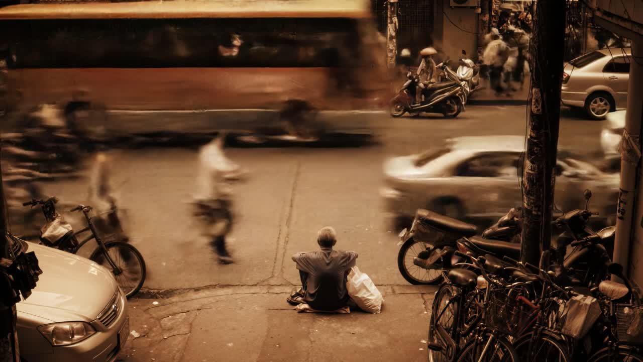 A lively intersection filled with cars, motorcycles, and bicycles as pedestrians navigate the area. The energy reflects a typical day in a vibrant urban environment.