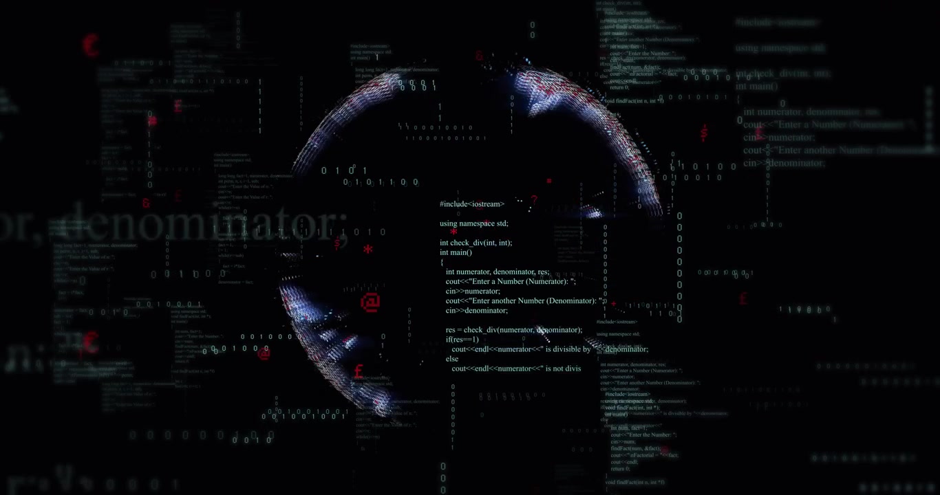 Animazione di un globo sopra l'elaborazione dati su sfondo nero