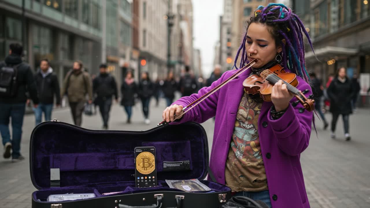 Un talentuoso artista di strada affascina i passanti con un'incantevole musica di violino, mettendo in mostra creatività e abilità in mezzo a un vivace paesaggio urbano