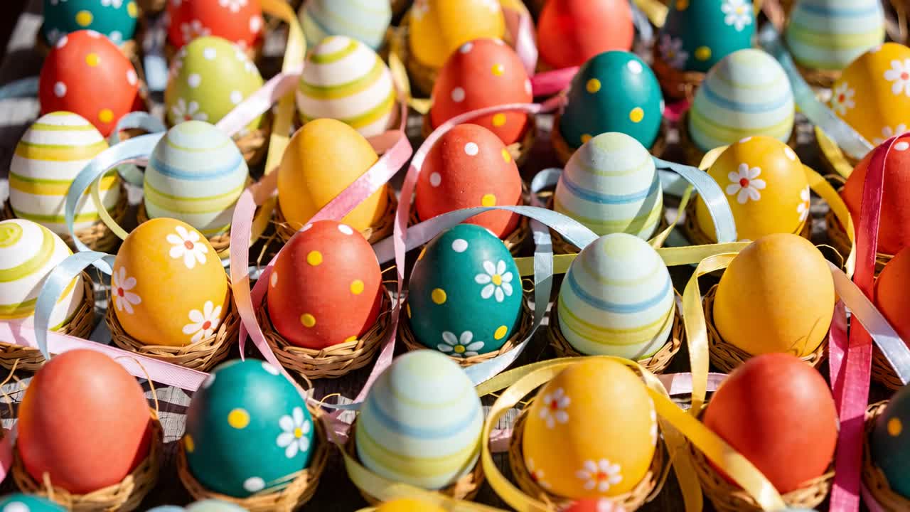 Panning camera showing painted Easter eggs in nests on checked cloth, highlighting ribbon details