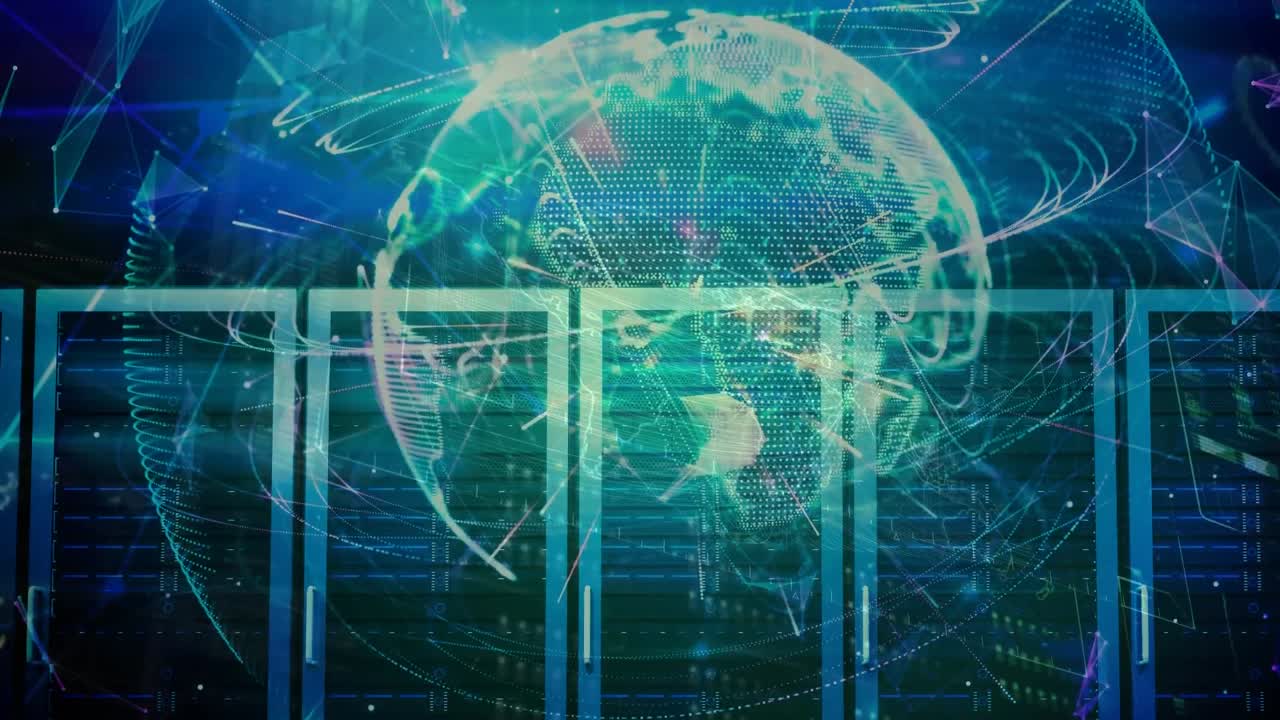 Animation of globe, digital data processing over computer servers on blue background