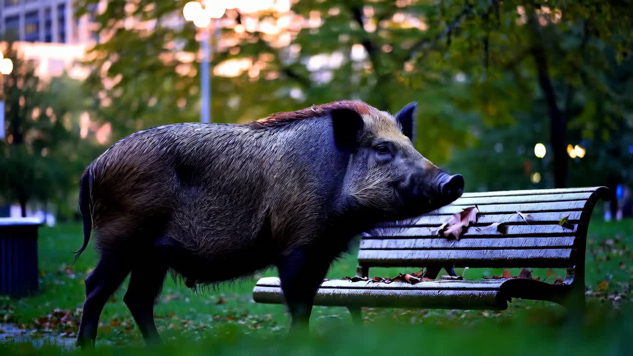 Wild Boar in an Urban Park at Dusk