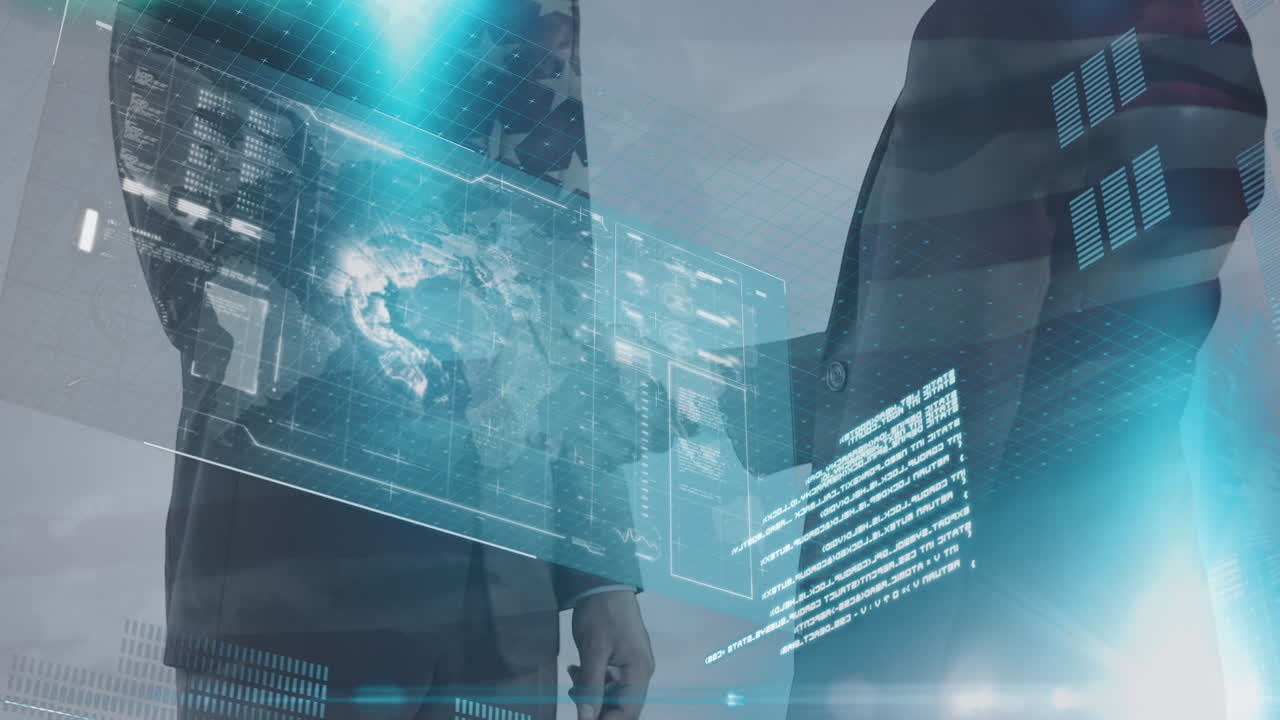 카우카스계 사업가들이 손을 흔들고 있는 금융 데이터 처리 애니메이션