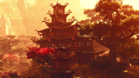 peaceful asian temple nestled among majestic mountains at sunset