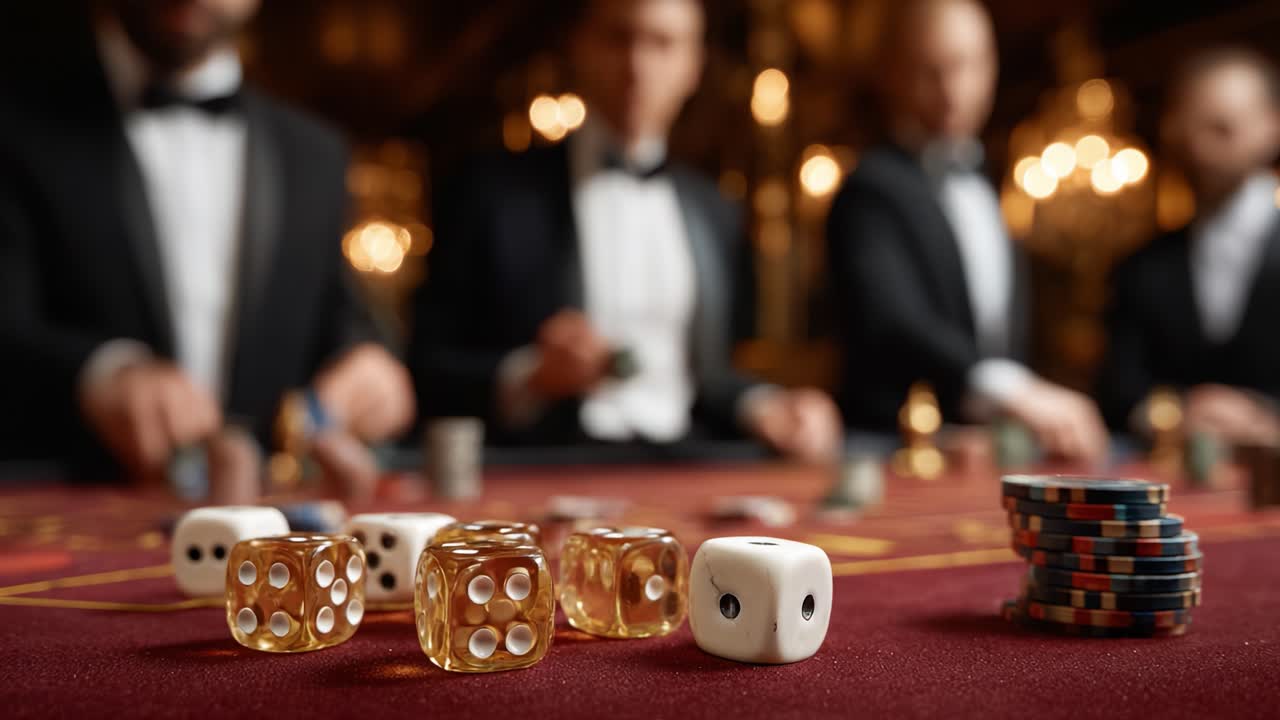 Intense Moment at the Casino: A Close-Up of Dice and Poker Chips Amidst Focused Players Engaged in High-Stakes Gambling Action