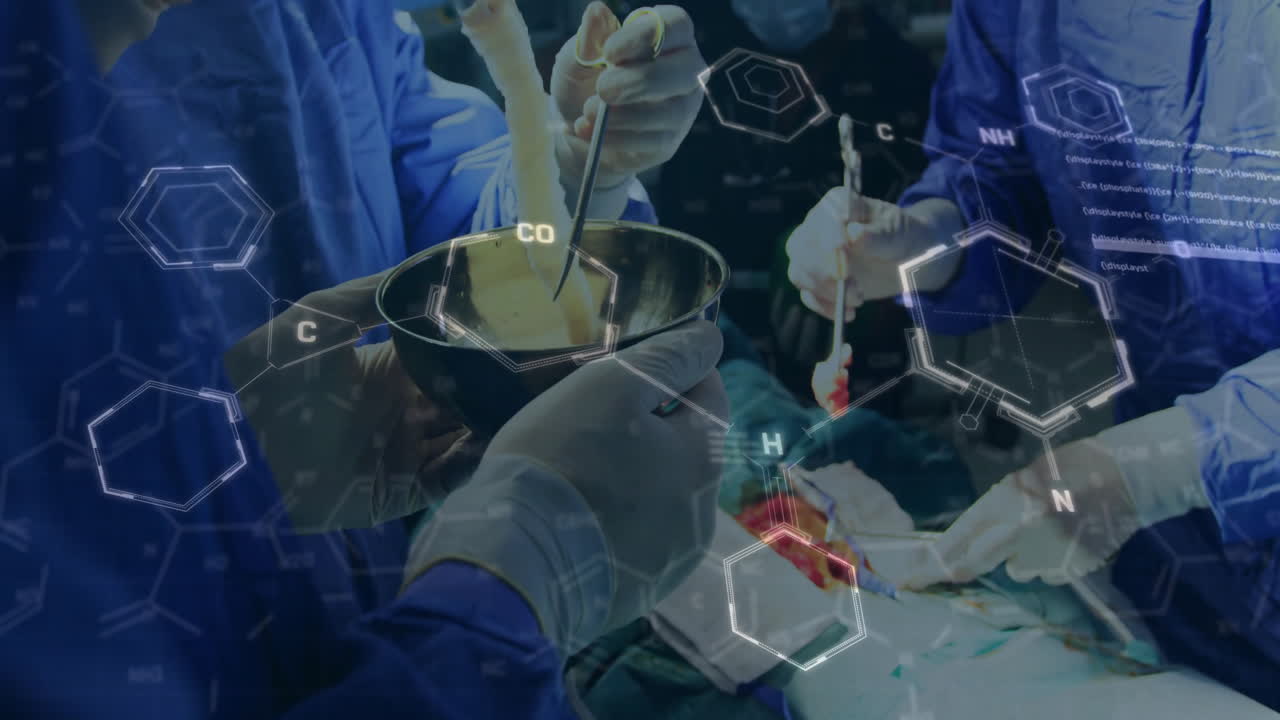 Surgical team collaborating with molecular structure animation in operating room