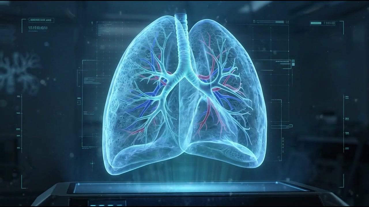3D glowing blue human lungs model showing bronchial tree network
