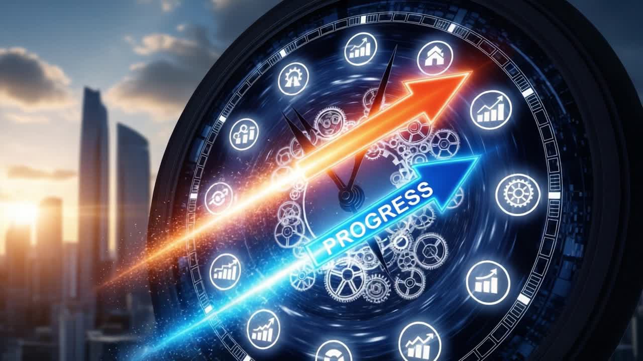 A Symbolic Representation of Progress and Innovation: A Clock Face Featuring Arrows Depicting Forward Movement and Icons Signifying Growth and Technology in a Dynamic Cityscape