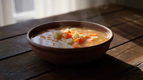 steaming bowl of vegetable soup on a wooden table