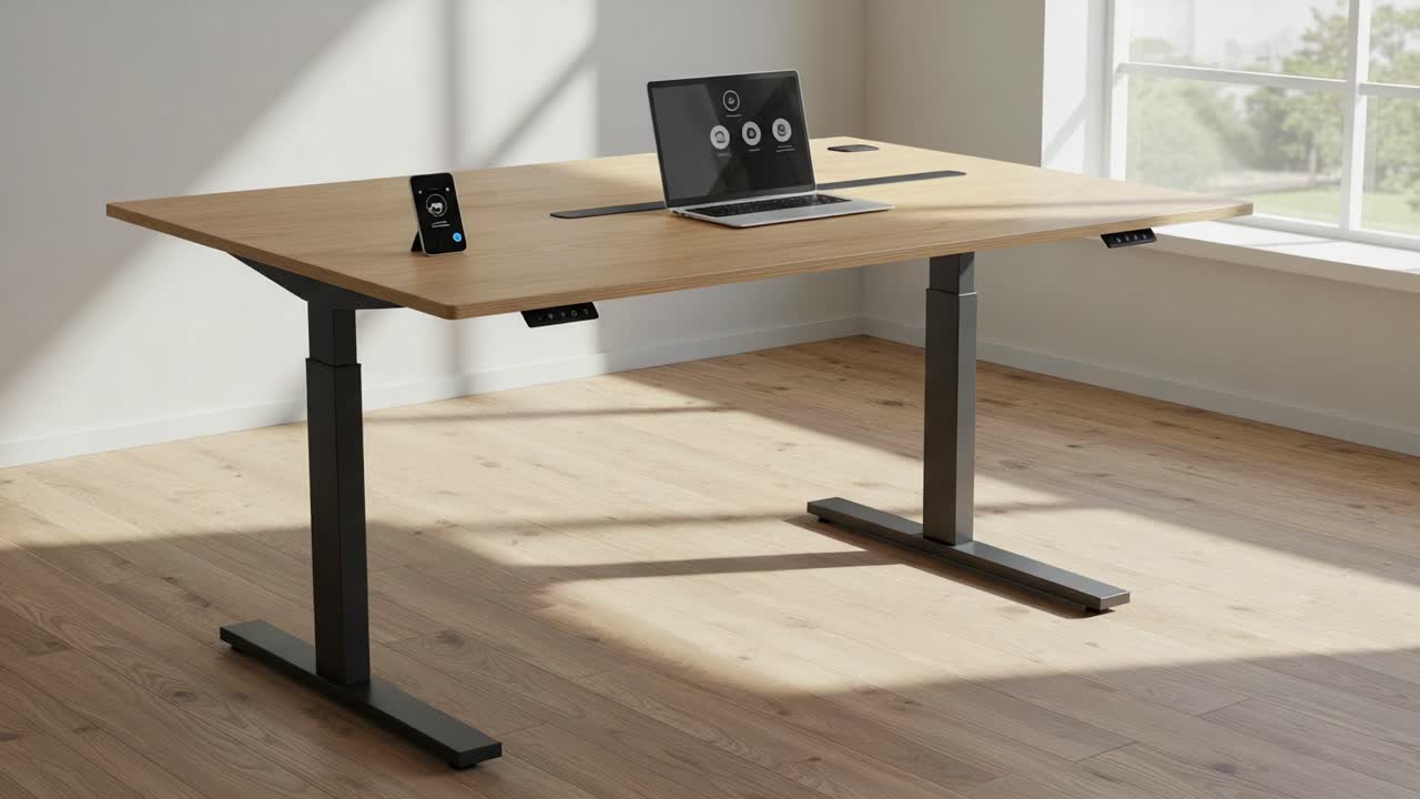 Modern Height-Adjustable Desk with Laptop and Control Panel in Bright, Spacious Office Setting