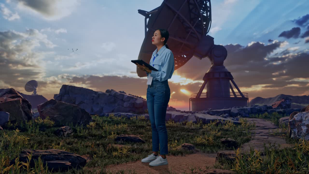 Full Body Side View Of Asian Female Professional Worker With Tablet With Large Satellite Dish, She Observes By Looking Around Before She Come To Concentrating With Tablet