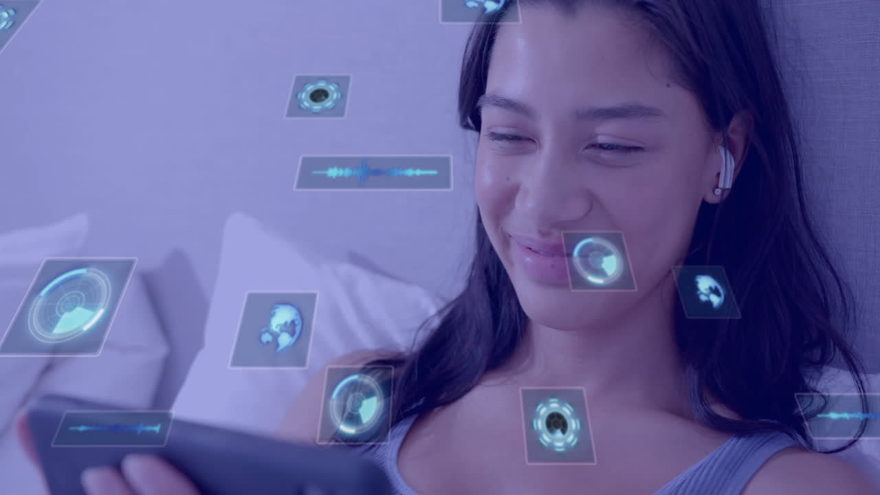 Animation of scopes and data processing over biracial woman using tablet