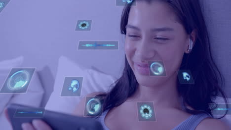 animation of scopes and data processing over biracial woman using tablet