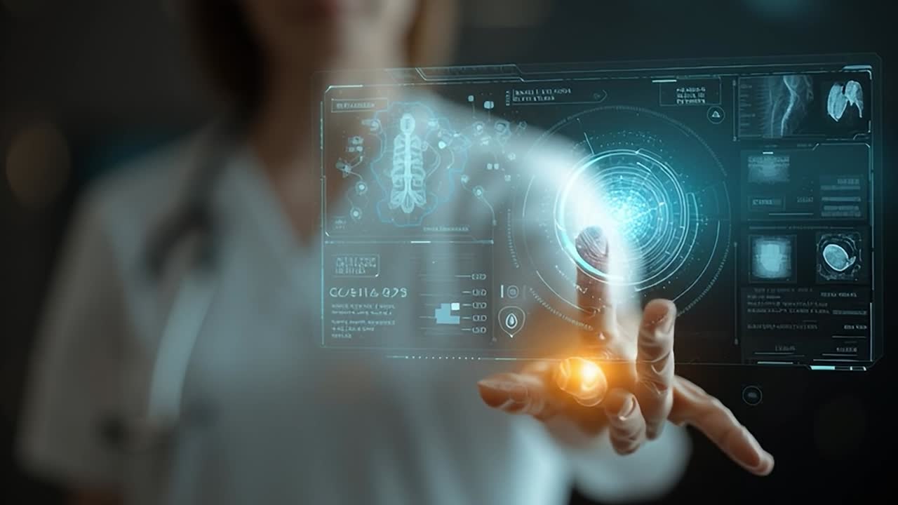 Healthcare professional interacting with digital patient data display
