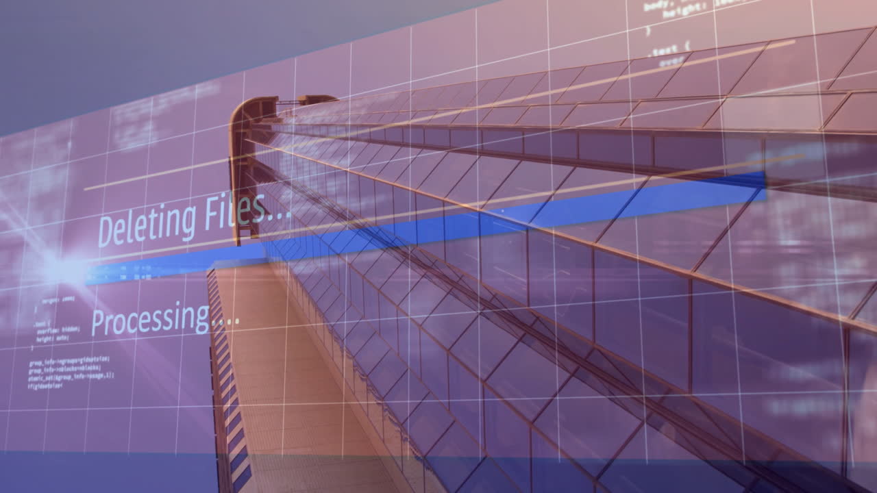 Deleting files and processing text animation over modern glass building facade