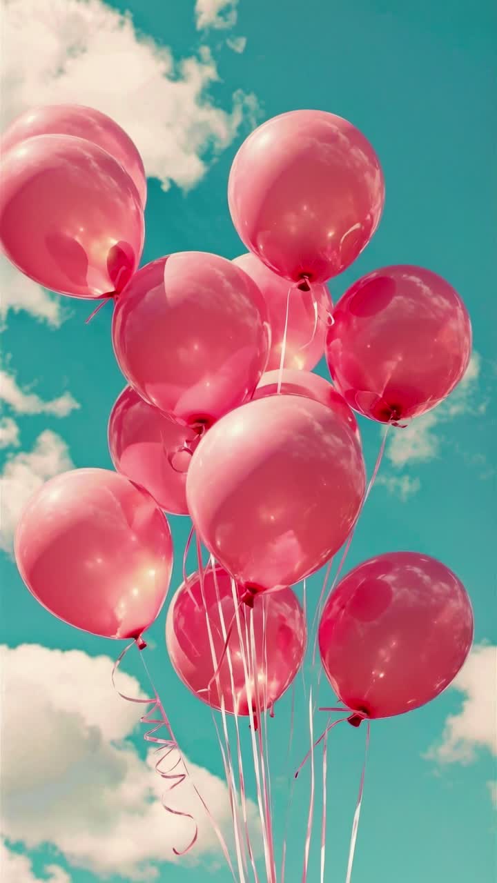Upward angle captures pink balloons against a bright blue sky, evoking a joyful, uplifting video