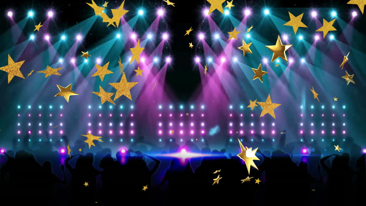 Golden stars animation over concert stage with colorful lights and audience