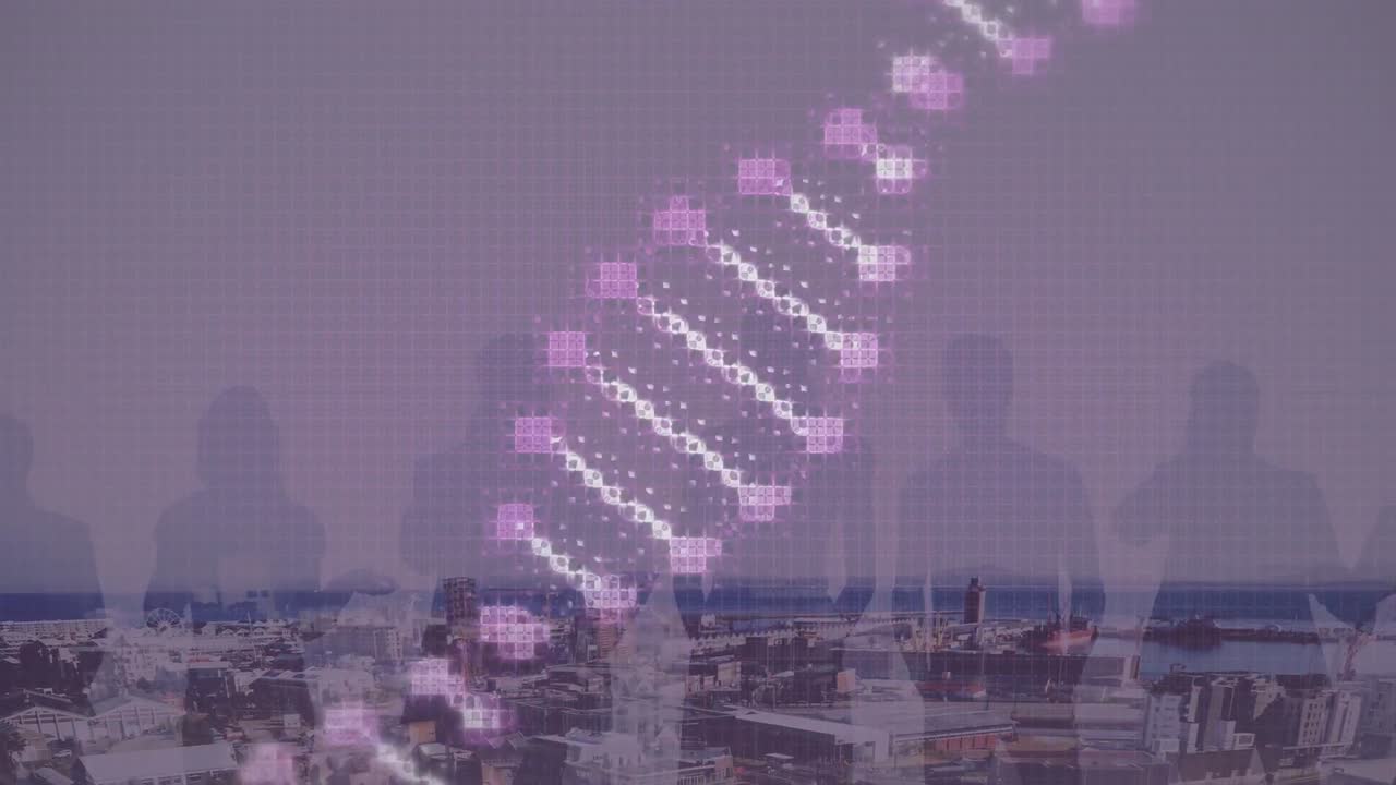 도시 풍경 위에서 회전하는 dna 가닥의 애니메이션