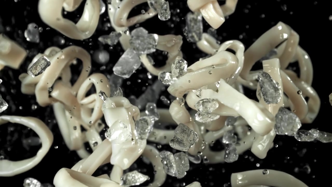 Anelli di calamari crudi e cubetti di ghiaccio che volano su al rallentatore