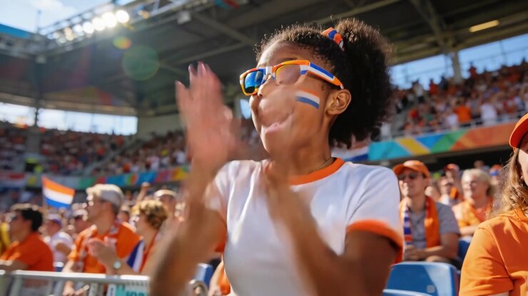Jubelndes Kind klatscht und ruft nach einem wichtigen Spielzug im Stadion, trägt ein orangefarbenes T-Shirt, Sonnenbrille und Gesichtsbemalung
