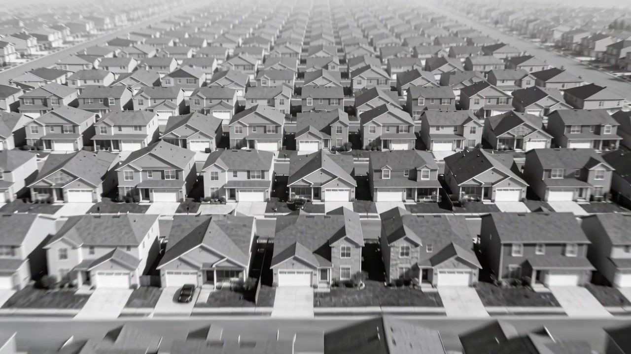 ドローンが動き出し、郊外の住宅街の中央列の上を進み、グリッド状の配置を強調している。