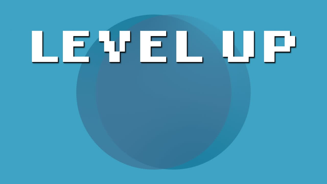 Animation of level up text and data processing on blue background