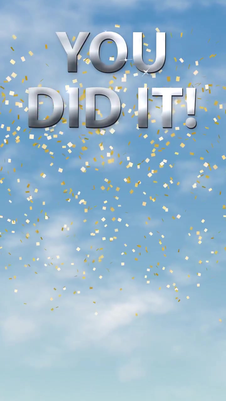 Zilveren 3D-tekst verschijnt boven drijvende wolken met vallende gouden confetti in verticale oriëntatie.