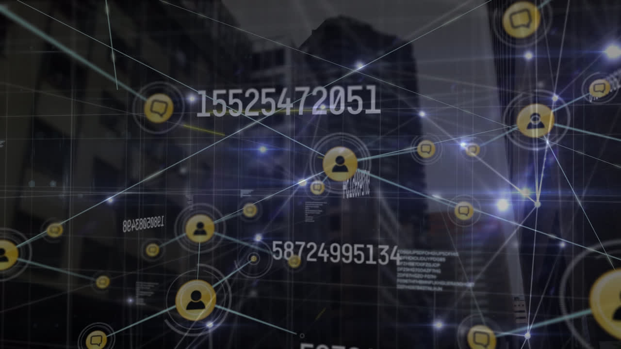 도시 풍경 위의 데이터 처리 애니메이션